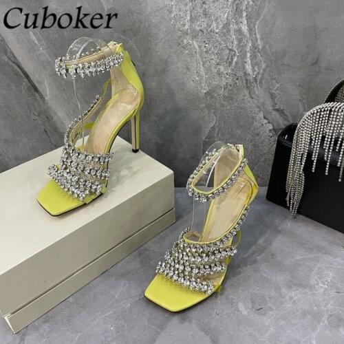 Luxury Brand Women Crystal Women Sandals Square Toe Rhinestone Bling Slides Summer Party Dress Wedding Shoes For Women Mujer