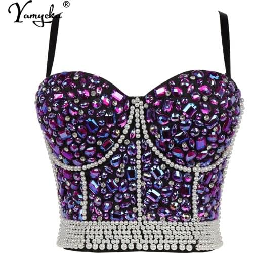 Sexy pearl Rhinestone corset crop top women summer halter bustier Party y2k tank top Push Up bra night club Cropped womens tops