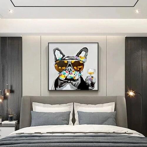 Modern Abstract Animal Oil Canvas Painting on The Wall Posters and A Bulldog Drinking Wall Art Picture for Kids Room Home Decor