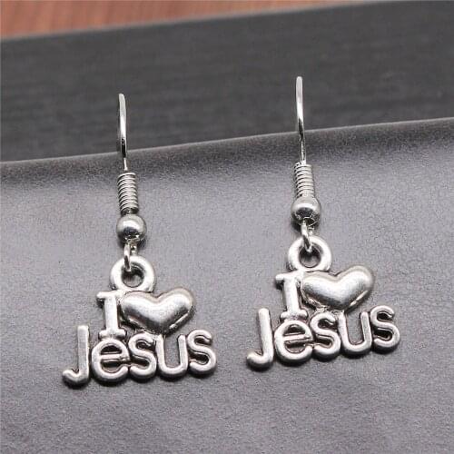 Vintage Antique Silver Color 15x13mm I Heart Jesus Charms Drop Earrings Fit Women Party Gift Jewelry Handcrafts
