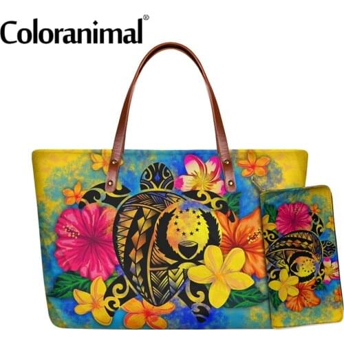 Coloranimal Pohnpei Polynesian Turtle with Flower Lady Tote Handbag Large Capacity Women Shoulder Bag 2Pcs/Set Crossbdoy Bolso