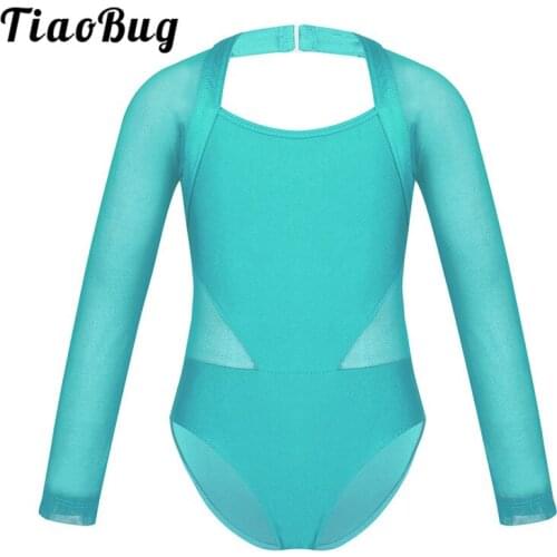 TiaoBug Kids Teens Mesh Splice Long Sleeve Ballet Leotard Dance Costume Children Girls Gymnastics Leotard Gym Unitard Dance Wear