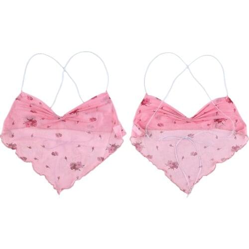 Women Sexy Sheer Mesh Camisole, Sleeveless Spaghetti Strap Floral Print Criss Cross Tie Back Crop Cami Tops