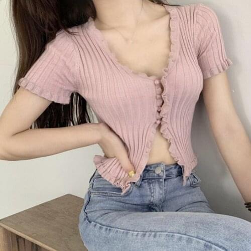 Ruffled Exposed Navel T-shirt Female Streetwear Tee Tops Slim Women V-neck Short Sleeved Knitted T-Shirt
