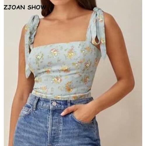 2021 Retro Tie Bow Strap Floral Print Camis Women Summer Elastic Ruched Back Short Tank Tops Cool Girl Sexy Slim Crop Top Tees