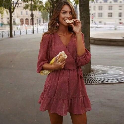 LUZUZI Women Ruffles Lace Chiffon Summer Dress 2020 Boho Mini Beach Dress Three Quarter Sleeve Ladies Sexy Party Dresses Vestido