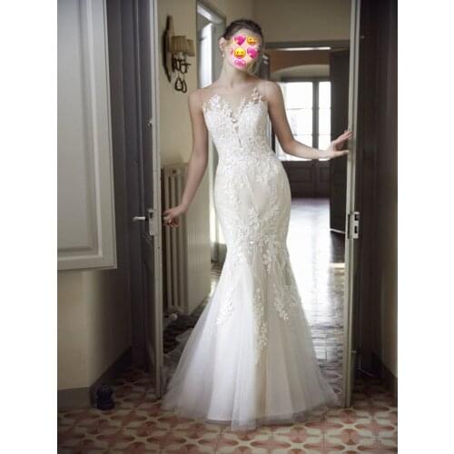 Gorgeous Mermaid Lace Wedding Dresses Appliques Beads Long Sheer Neck 2020 Bridal Dress Backless For Women Vestido De Noiva