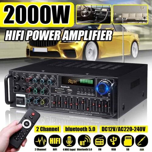 2000W Home Digital Amplifiers Audio Bass Audio Power bluetooth Amplifier Hifi USB SD FM AUX 4 Mic Auto Music Subwoofer Speakers