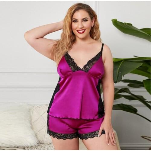 2021 Satin Sexy Lace Pajamas Pijamas With Pants Spaghetti Strap Intimate Lingerie Sleepwear Women Pyjama Set Plus Size 1XL-5XL