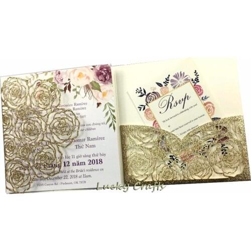 50pcs pocketfold laser cut rose gold glitter powder square Wedding invitations trifold pocket card gatefold for anniversary