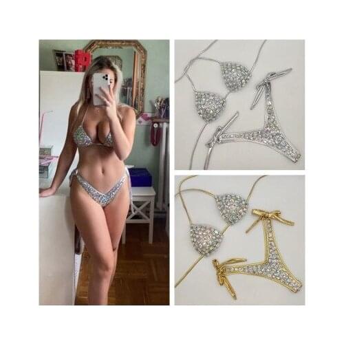 Bandage Crystal Bikinis 2020 Sexy Push Up Swimsuit Diamond Luxury Halter Swimwear Female Bather Bathing Suits Rhinestone