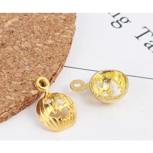 DoreenBeads 50 PCs Zinc Based Alloy Halloween Charms Pendant Pumpkin Gold Metal Bronze Color Hollow 16mm x 11mm
