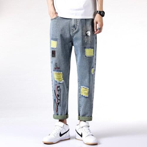 Jeans Mens Baggy Straight Pants Korean Fashion Summer Thin Wide Leg Capris Holed Casual Pants Men Clothing Jeans Men