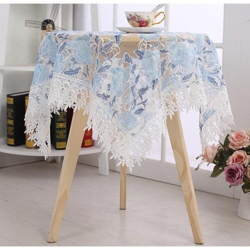 China Blue and White Porcelain Lace Emboridery Table Cloth Decorative Luxury Home Table Cover Light Blue Embroidered Tablecloth