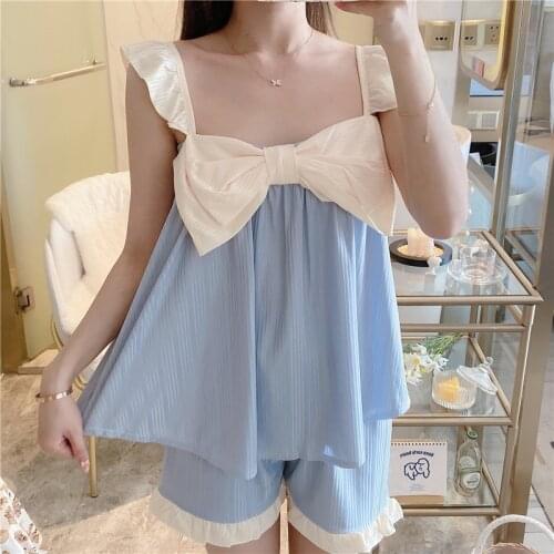 Summer ice silk pajamas Korean version fairy style sweet cute skin sling set can wear a stylish home clothes