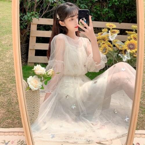 Japanese-Style Sweet round Neck Hipster Mesh Puff Sleeve Elastic Waist Sequined Embroidered Mori Dress Women Summer lolita dress