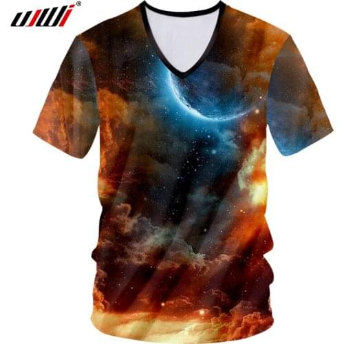 UJWI Mens V-neck Tshirt Print Galaxy Space Moon 3d T-shirts Hombre Fitness Undershirt Sweat Proof Short Sleeve Tee Shirts 7XL