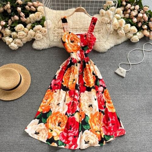 Amolapha 2021 New Printed Holiday Tank Dress Retro Style Stretchy Waist A-line Women Elegant Mid-calf Sundresses