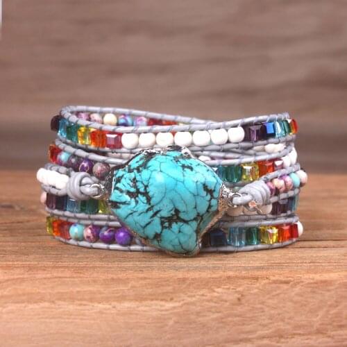 New Fashion Women`s Bracelet Exclusive Jewelry Handmade Natural Stone Crystal Leather Wrap Bracelet Statement Cuff Bangles Gifts