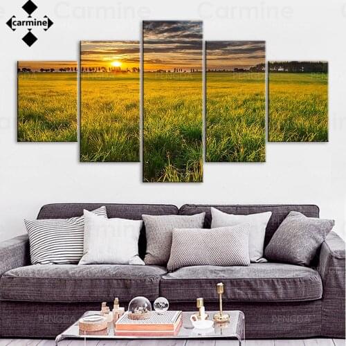 Hd Poster Beautiful Landscape Wall Picture Green Grassland Wall Art Canvas Painting Shining Sunset Print Poster for Home Decor