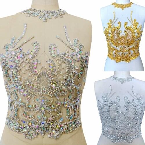 Sew on golden rhinestones applique on white mesh crystal trim patches for dress 46*35cm