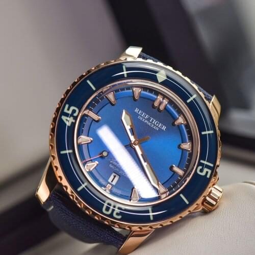 Reef Tiger/RT Super Luminous Dive Watches for Men Rose Gold Blue Dial Watches Analog Automatic Watches RGA3035