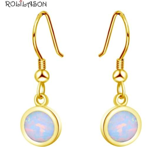 ROLILASON retro yellow gold color white opal drop earrings anniversary gift female exclusive OE783
