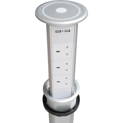 Silver One-key Intelligence Pop up Desktop Socket with 3 UK Power and 2 USB Charger for Kitchen Touch Office InDesk Power Design