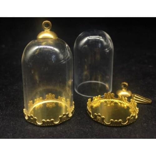 50sets/lot bell jar shape 30*20mm glass globe 20mm gold crown base 8mm cap set glass bottle necklace pendant glass vials