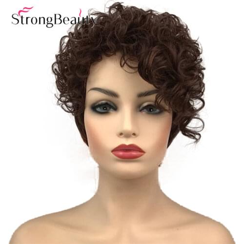 StrongBeauty Short Natural Curly Wigs Asymmetrical Side Bang Synthetic Women Hair Heat Resistant Wig