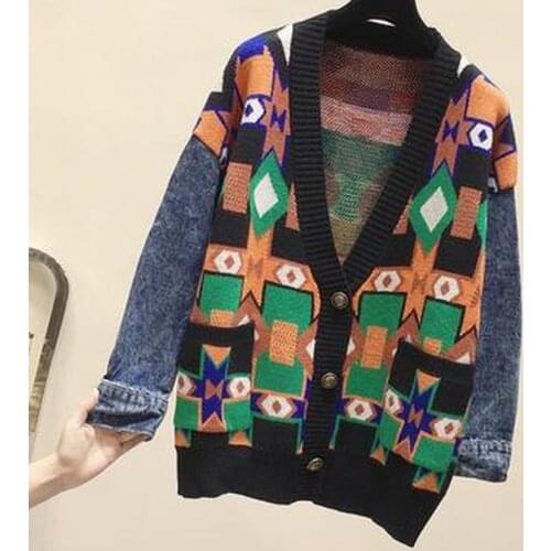 Loose V-Neck Long Sleeve Women Tops Autumn Winter 2021 New Fashion Pattern Denim Patchwork Knitting Sweater Cardigan Q027