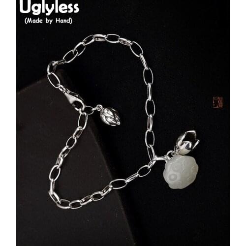 Uglyless S 925 Sterling Silver Natural Jade Lotus Bracelet Elegant Women Chains Bracelets Charms Jewelry Handmade Floral Bijoux