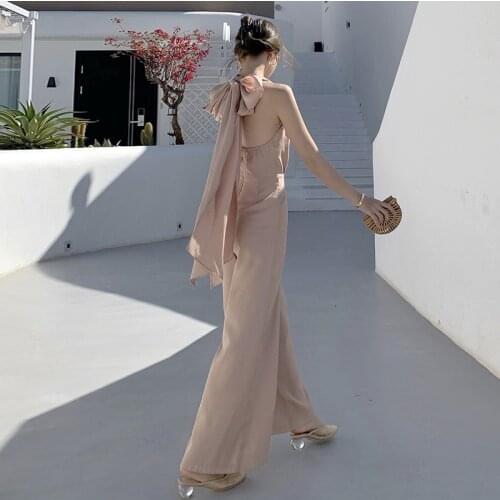 Halter Jumpsuit Women 2021 Summer Long Pants Sexy Backless Beach Boho Bow Seaside Hollow Out Wide Legged Pants Romper Playsuit