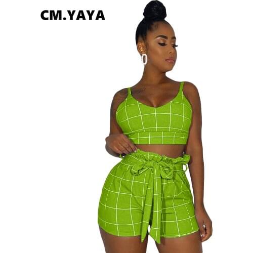 2020 Summer Women Set Tracksuits Plaid Print Sashes Crop Tops+Shorts Sexy Night Club Party Street Two Piece Suit Outfits GL6192