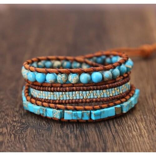 Unique Mixed Natural Stone Bracelet Vintage Leather Wrap Bracelet Dropshipping glass beads Handmade women Wrap Bracelet
