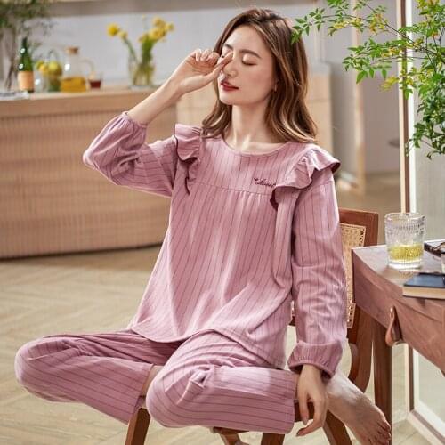 Womens Striped Pajamas Set O-Neck Full Pure Cotton Pijamas Mujer 2pieces/set For Home Sleepwear Big Yards M-XXXL Female Pyjamas