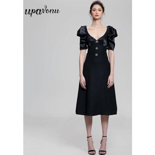 Free Shipping 2021 New Summer Women A-line Dress Black Elegant V-neck Puff Sleeve Diamond Dress Club Evening Party Dress Vestido