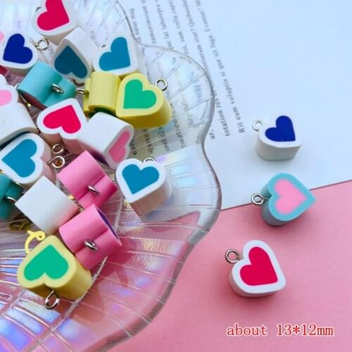 10pcs Colorful Clay Heart Charm Cute Pendant for Keychain, Jewelry Earring, Scrapbooking, DIY Making, Necklace