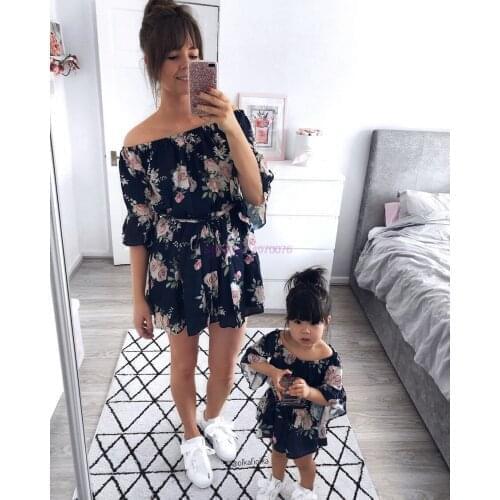 DHL 100pcs Mother Daughter Family Matching Outfits Off Shoulder Floral Dress Summer Chiffon Girl Women Sundress Clothes