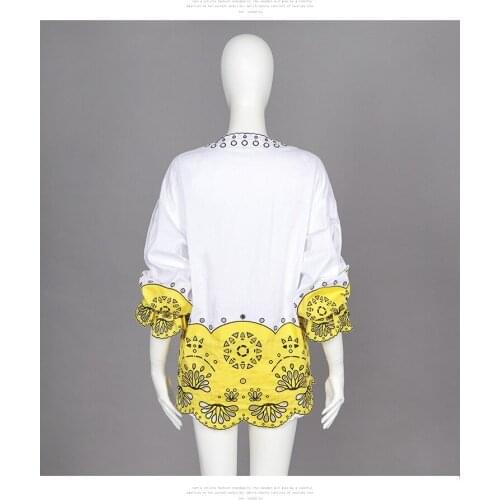 2020 New Design Loose long style contrast color shirt hollow embroidery straight shorts suit women 18119