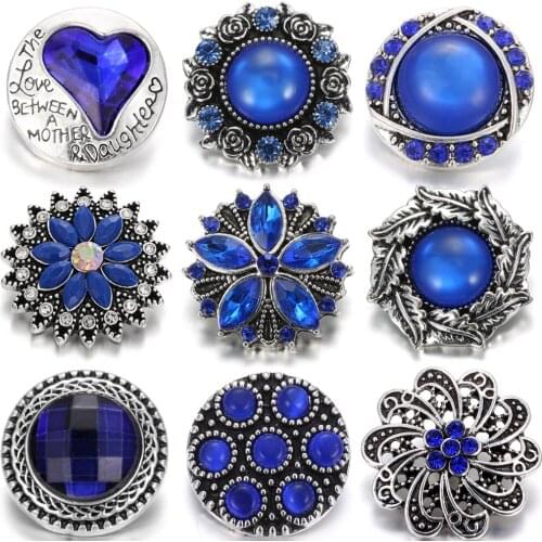 6pcs/lot New Rhinestone Snap Jewelry 18mm Mixed Blue Snap Buttons Jewelry Fit 18mm Snap Button Necklace Charms Women Jewelry