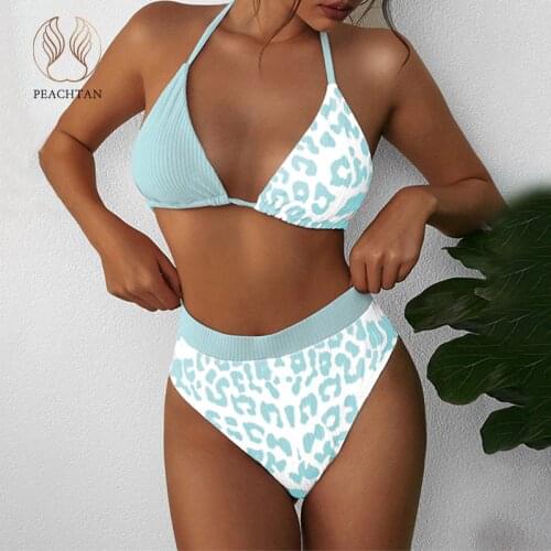 Peachtan Leopard print bikinis 2021 Mujer High waist swimwear famale Patchwork 2 piece set Triangle bathing suit Halter bikini