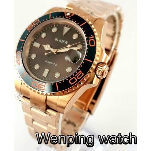 Bliger 40mm rose gold case sapphire glass date window ceramic bezel stainless steel waterproof mens automatic watch