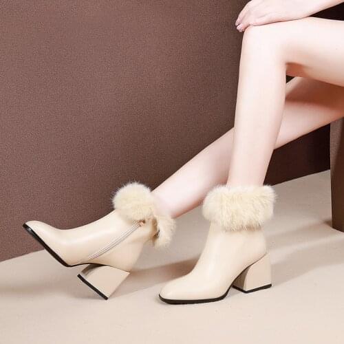 Winter Ankle boots high quality cow leather zipper ankle boots square toe high heel boots Size 34-39