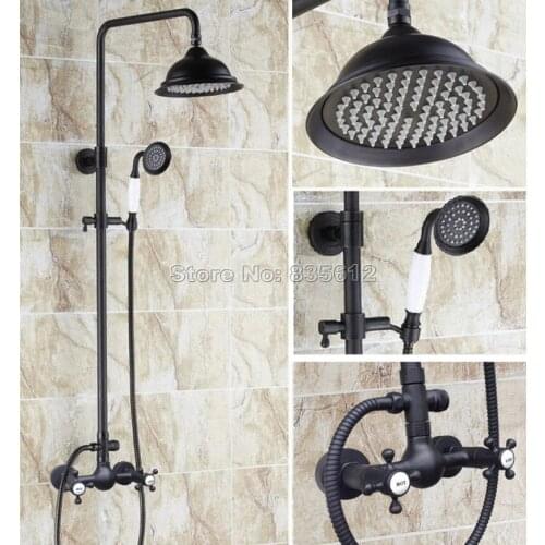 Black Oil Rubbed Bronze Rain Shower Faucet Set W/ Ceramic Hand Spray &Bathroom Wall Mounted Dual Cross Handles Mixer Taps Wrs491