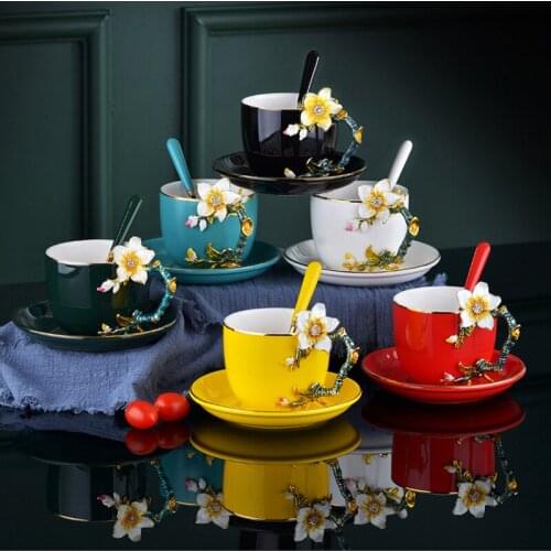 Handmade Enamel Painted High-Grade Coffee Cup Saucer European-Style Coffee Mug Ceramic Cup Afternoon Tea Cup Drink Ware Office