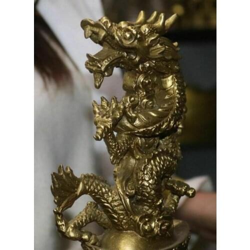 China Pure Bronze Fengshui Wealth Animal Yuanbao Coin Money Dragon Loong Statue