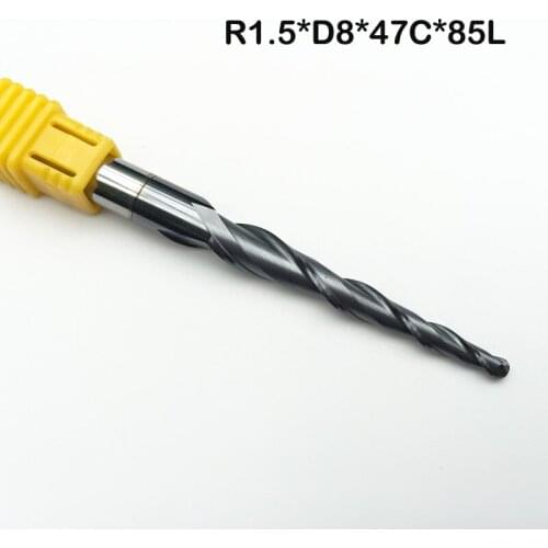 1PC R1.5*D8*47*85L*2F HRC55 Tungsten solid carbide Coated Tapered Ball Nose End Mills taper and cone endmills Metal CNC Bit