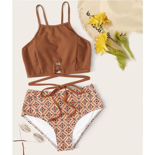 Mossha 2021 Ribbed swimsuit womens swimming suit Bandeau bikini Print high waist swimwear female String bathing suit Beach wear