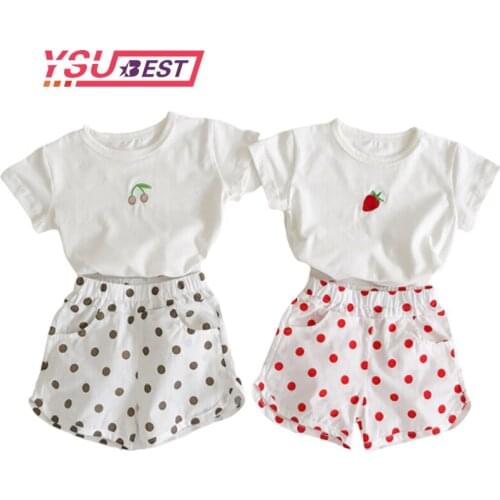 Summer Baby Girl Set New Childrens Printed Strawberry Cherry T-shirt + Dot Shorts Female Baby 2 Piece Suit Baby Girl Clothes